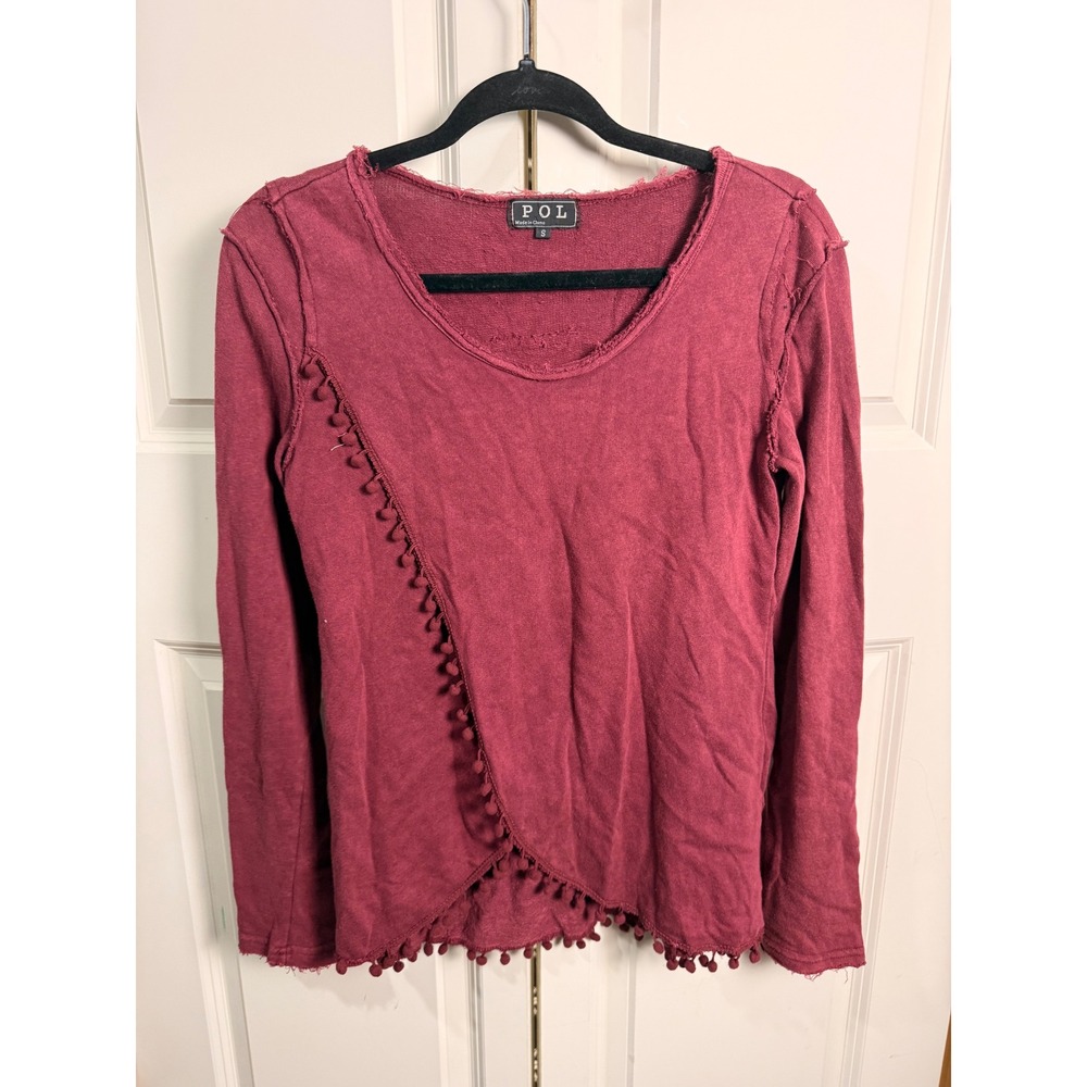 POL Women Burgundy Pom Pom Trim Long Sleeve Boho Raw Edge Top Small